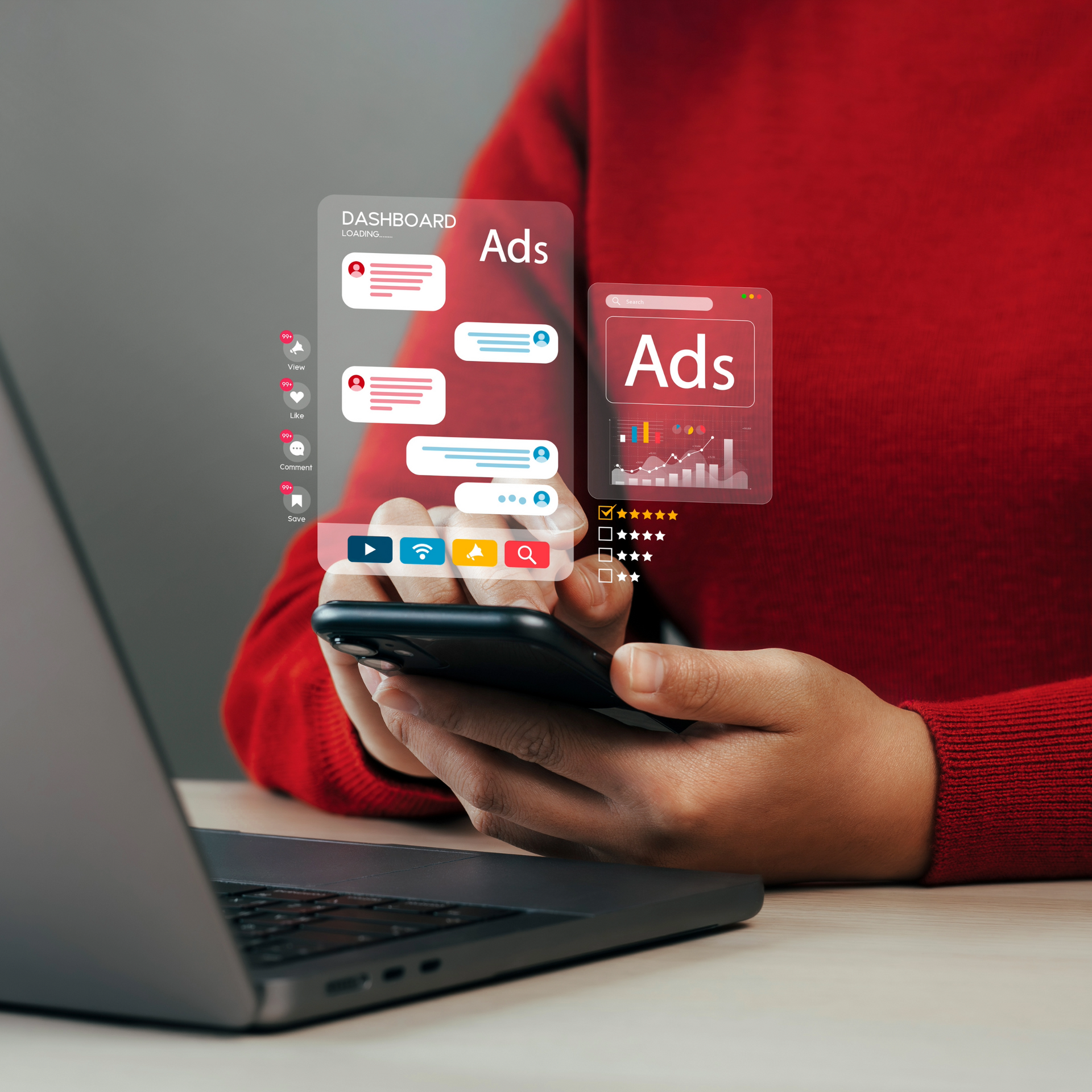 Handy wird gehalten und projeziert mehrere Anzeigen in die Luft, wo steht 